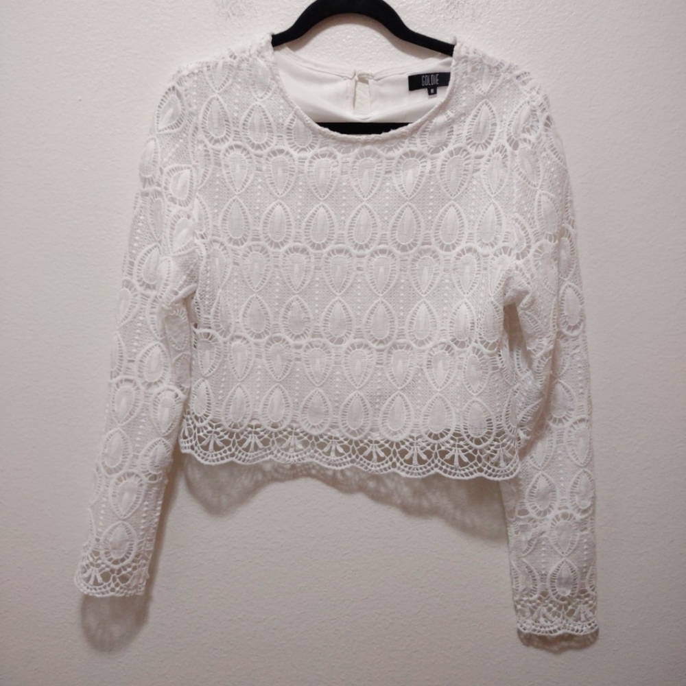 Goldie White Lace Long Sleeve Crop Top Medium